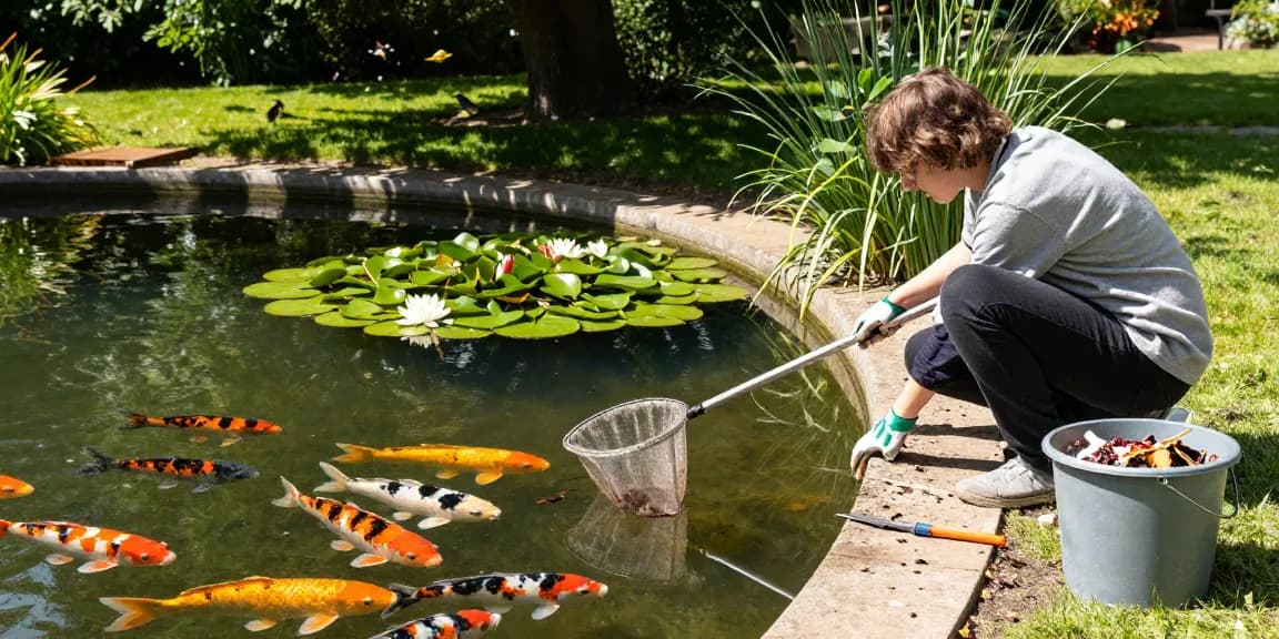 Pond Clean Essex - Person cleaning a serene backyard pond surrounded by greenery in a sunny setting.