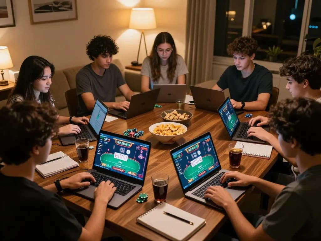 Friends playing poker at home using laptops, showcasing casual online gambling with เว็บตรง setup.