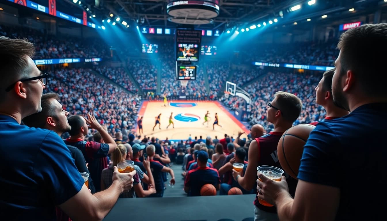 nba중계의 열띤 경기를 응원하는 팬들과 햇빛이 비치는 농구 코트