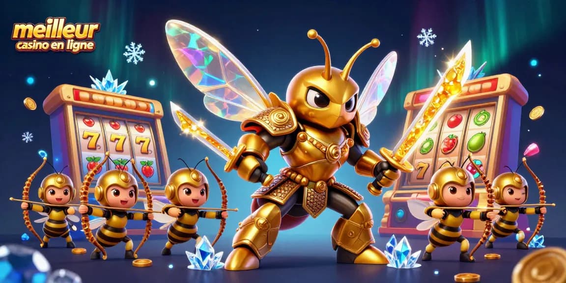 Visez le meilleur casino en ligne avec une illustration 3D captivante d'un bourdon samouraï entouré de jeux.