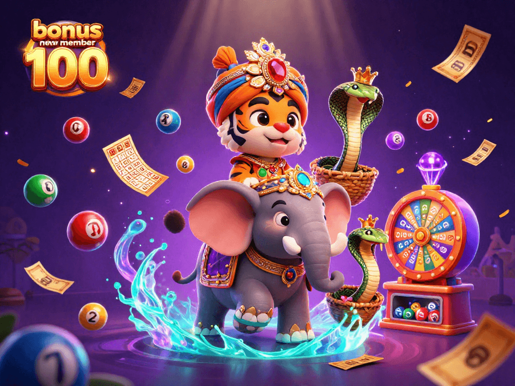 Experience thrilling gameplay with bonus new member 100 through vibrant 3D casino elements in a festive illustration.