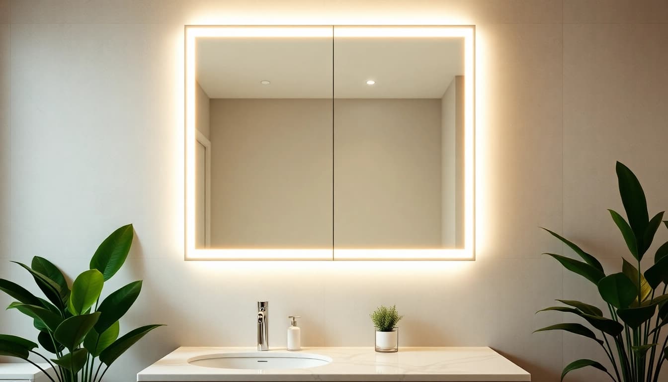 Auf einem spiegelschrank led steht ein eleganter Badspiegelschrank mit modernem Design.