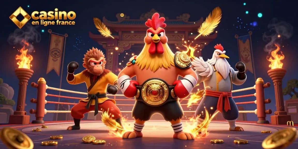 Plongez dans l'univers dynamique du casino en ligne France avec un combat entre un coq Muay Thai, un singe Shaolin et une grue sage sous des effets de feu.