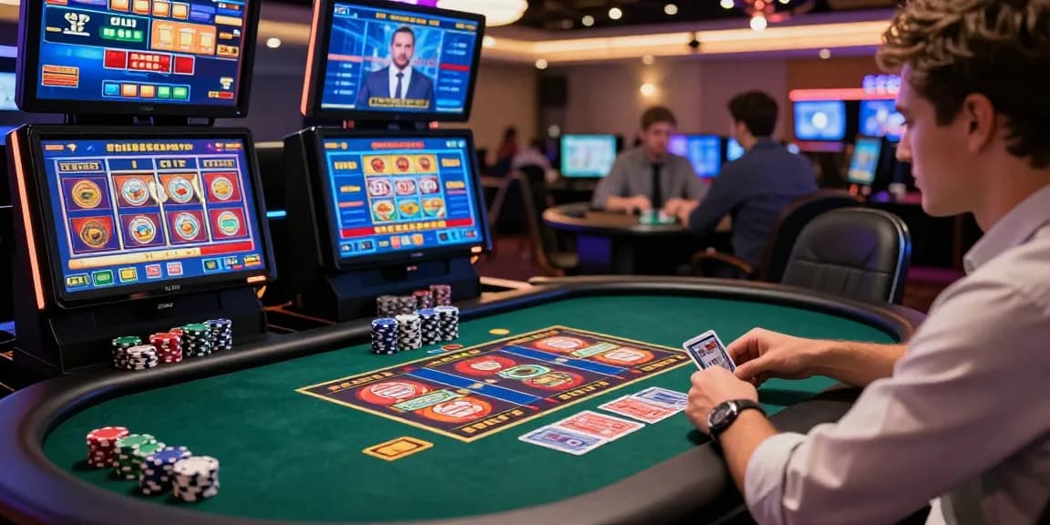 Player engaged in credit card casinos with vibrant gaming ambiance, showcasing excitement and digital interfaces.