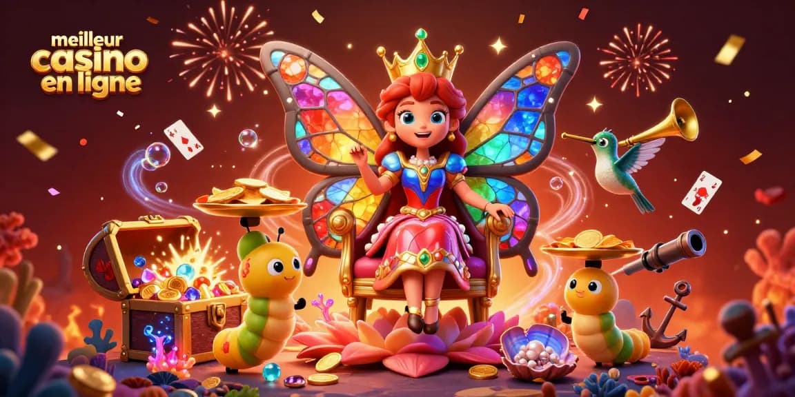 Engagez-vous avec le meilleur casino en ligne, illustré par une reine papillon et des éléments de casino dynamiques.