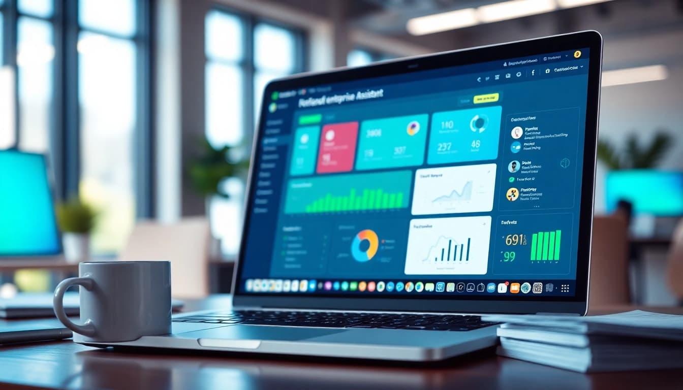 Showcase of enterprise assistant SaaS dashboard on a laptop in an office setting.