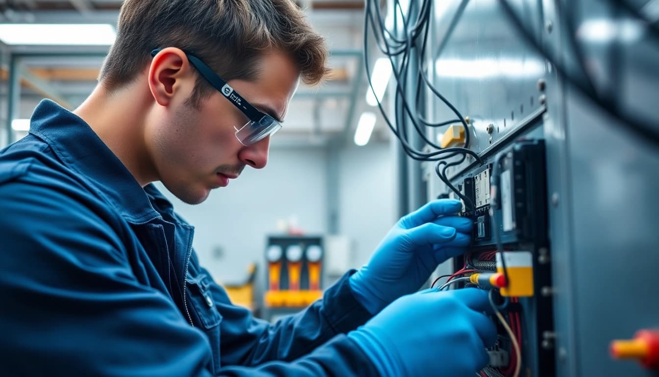 Performing electrical maintenance with tools in a safe industrial setting, ensuring functionality.