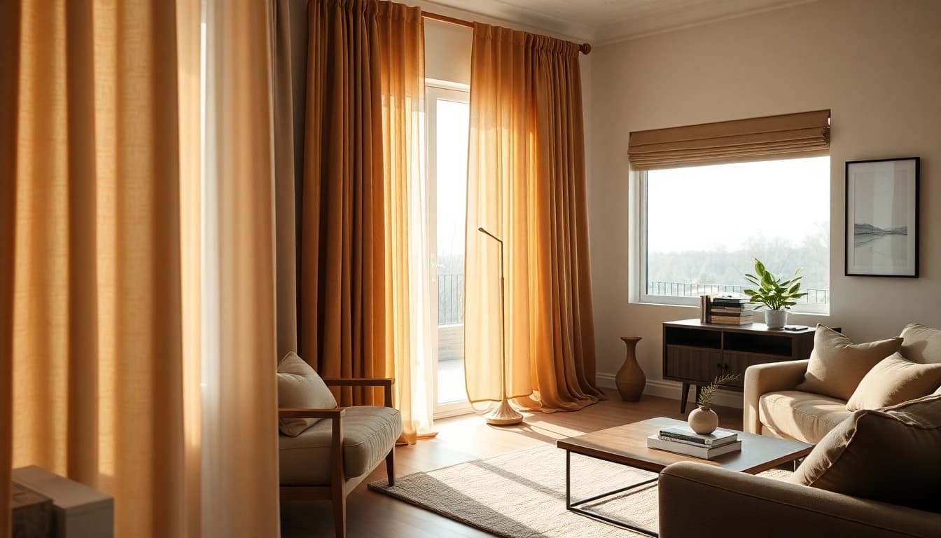 Verduisterende gordijnen in een gezellige woonkamer die warmte en stijl uitstralen.