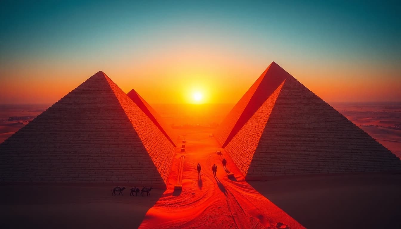 Captivating view of piraminds in a sunset landscape, highlighting their grandeur and intricate textures.