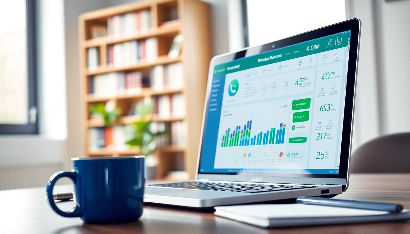 Enhance efficiency with a WhatsApp Business CRM workspace capturing a digital dashboard and interaction elements.