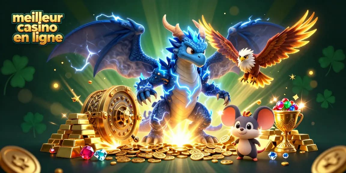 Vivez l'aventure du meilleur casino en ligne avec ce dragon, faucon et souris d'orage au milieu de trésors.