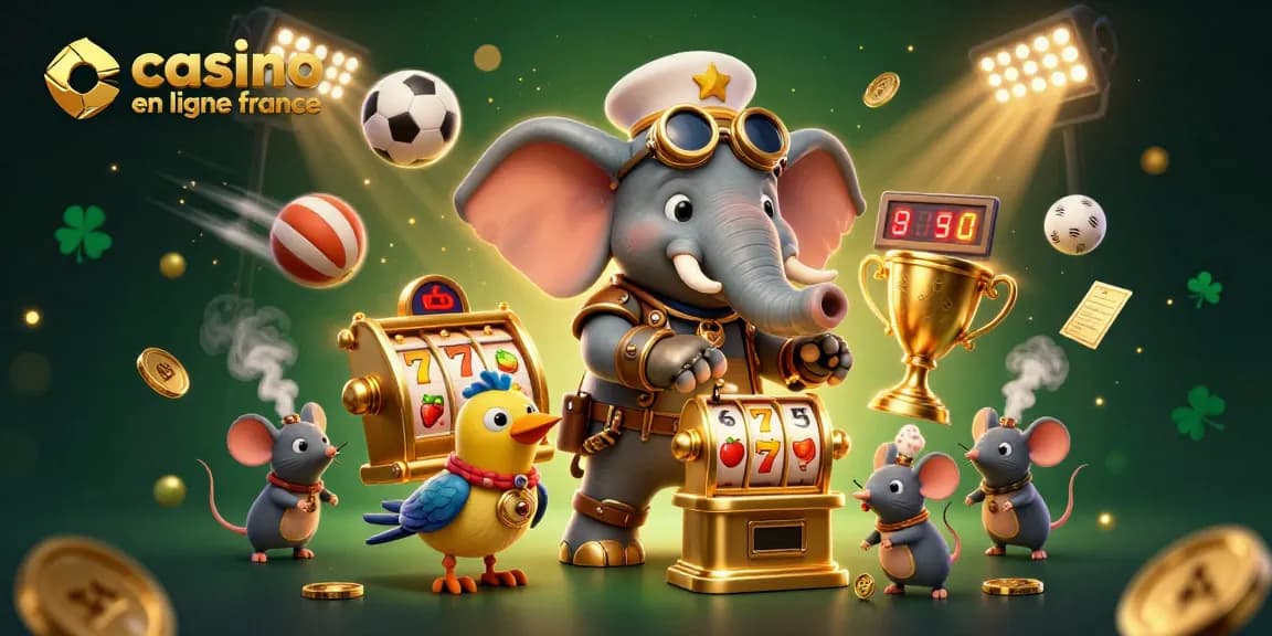 Illustration captivante sur le thème casino en ligne France avec un éléphant steampunk opérant une machine à sous dorée.