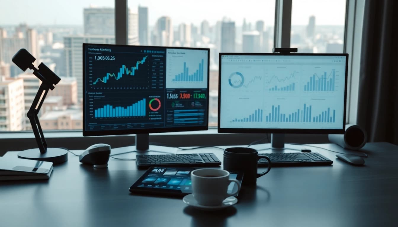 AI for competitor analysis visualizing digital metrics in a modern workspace environment.