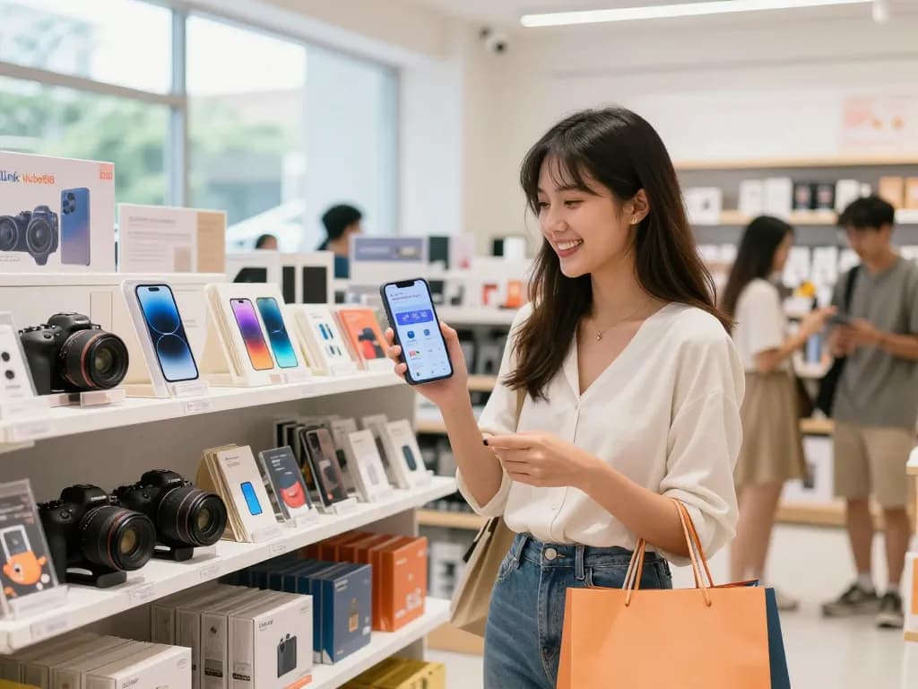 Young woman enjoying shopping while checking Link Hubet88 on her smartphone in a vibrant retail space.