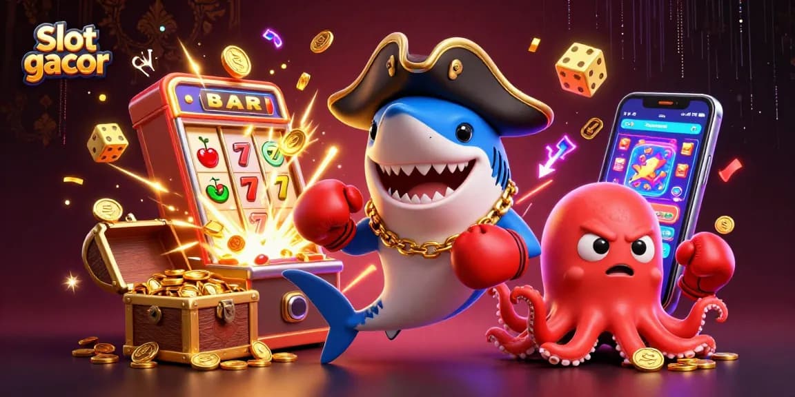 Experience the thrill of slot gacor with a dynamic scene of fun cartoon characters celebrating casino wins.