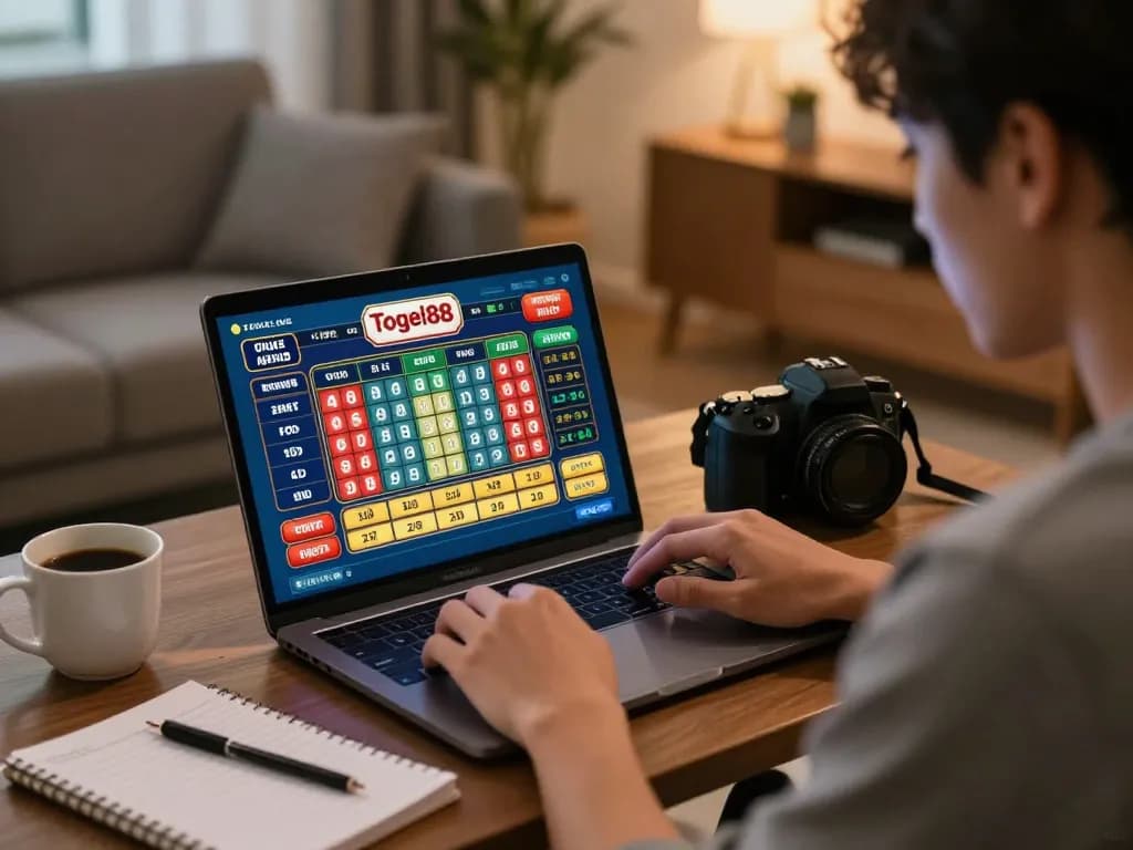Player enjoying Togel88 online betting with a laptop, showcasing 4D game excitement at home.
