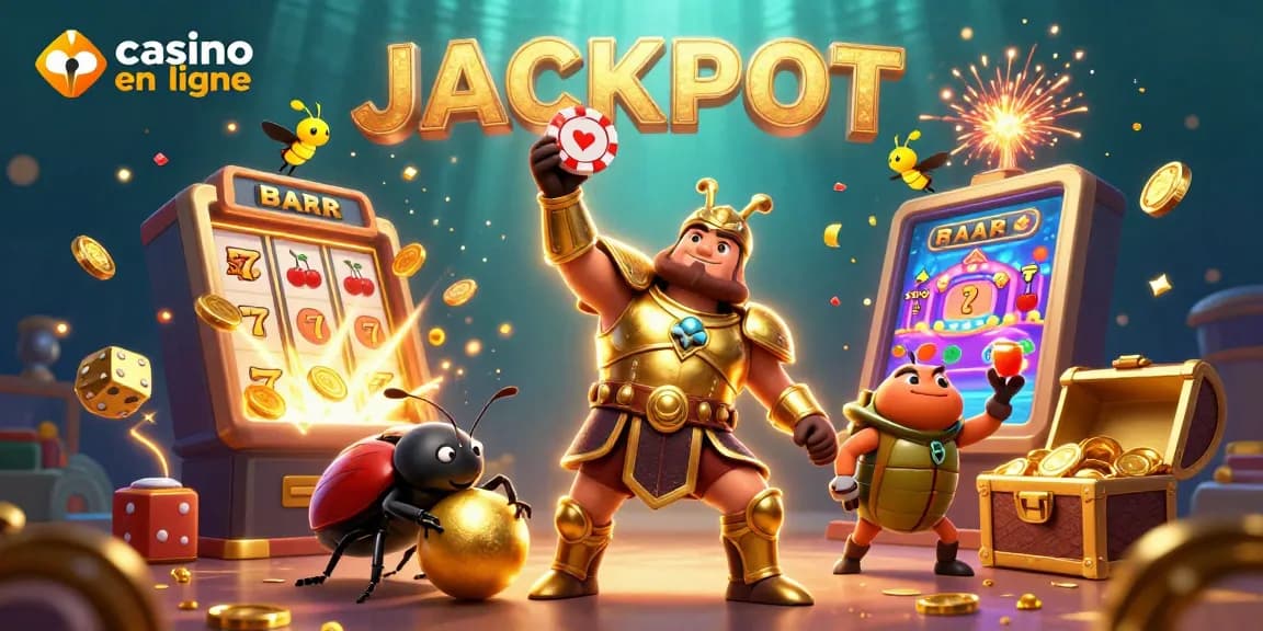 Gagnez au casino en ligne avec un hércule en armure dorée célébrant un jackpot.