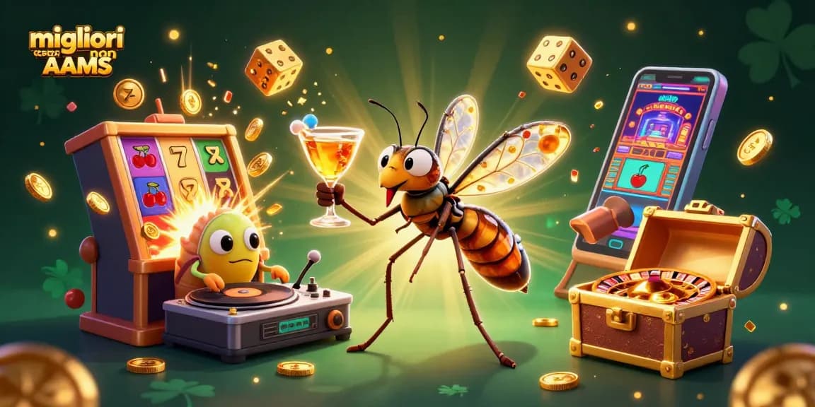 Esplora i migliori casino non AAMS con simboli fortunati e ricchi premi in un'illustrazione 3D vibrante.