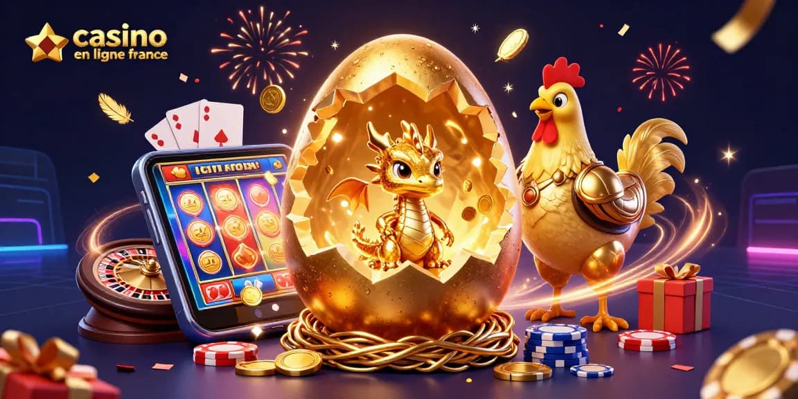 Illustration captivante du dragon doré et du casino en ligne France avec des éléments de jeu éparpillés.