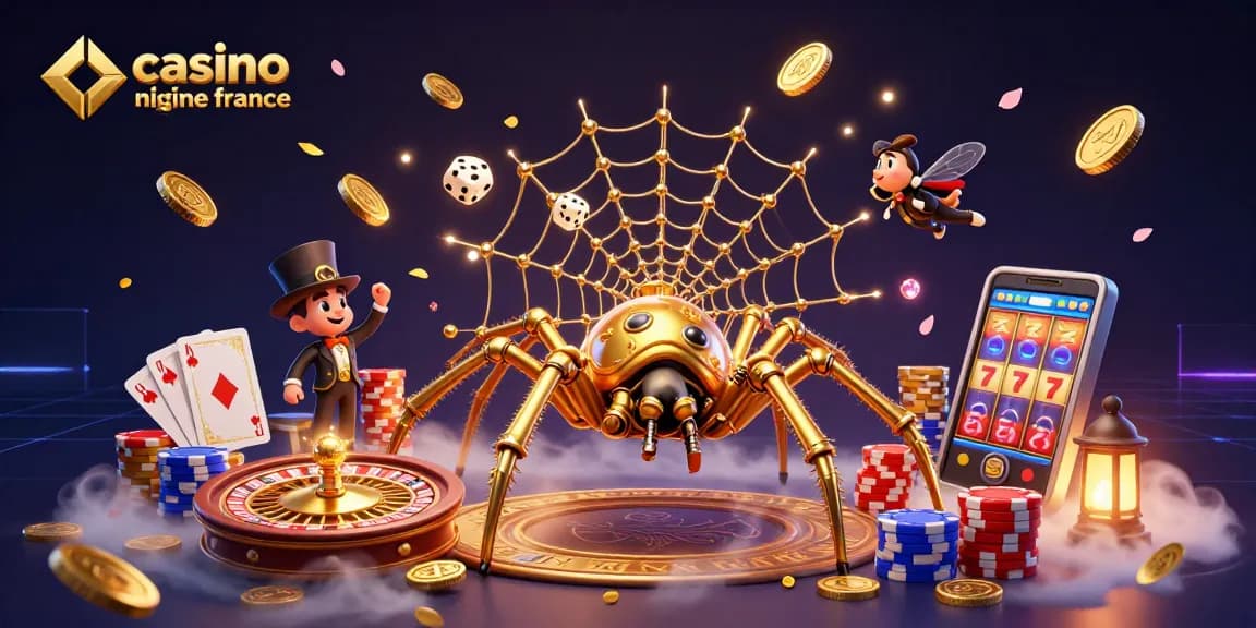 La scène captivante du casino en ligne France avec une araignée steampunk dorée et des éléments de jeu fascinants.