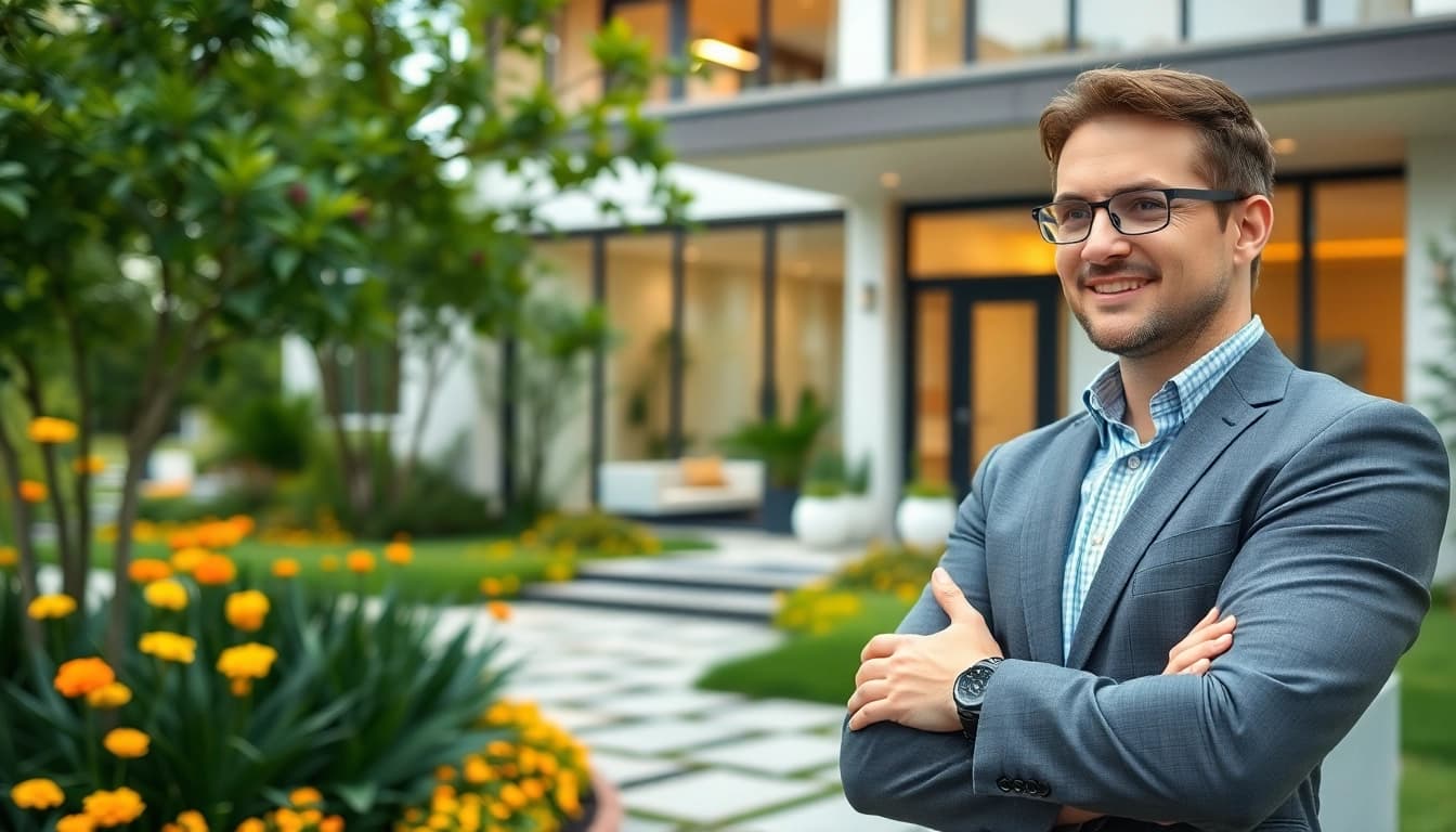 Real Estate agent presenting a modern home in a welcoming suburban environment.