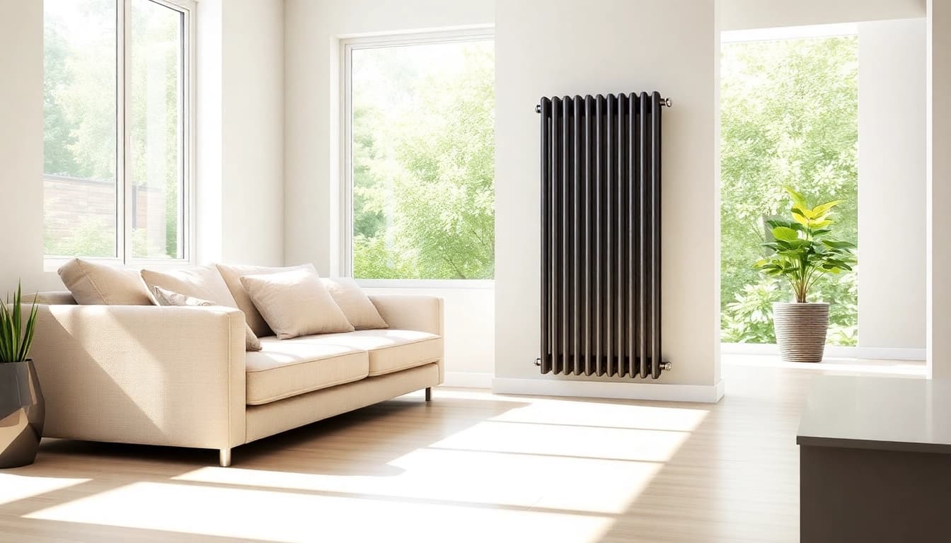 Heizkörper in einem modernen Wohnzimmer, das eine warme und einladende Atmosphäre schafft.