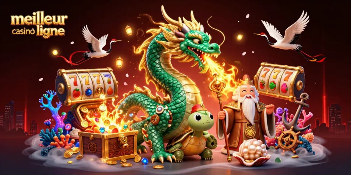 Explorez le meilleur casino en ligne avec un dragon émeraude et des éléments de machines à sous.