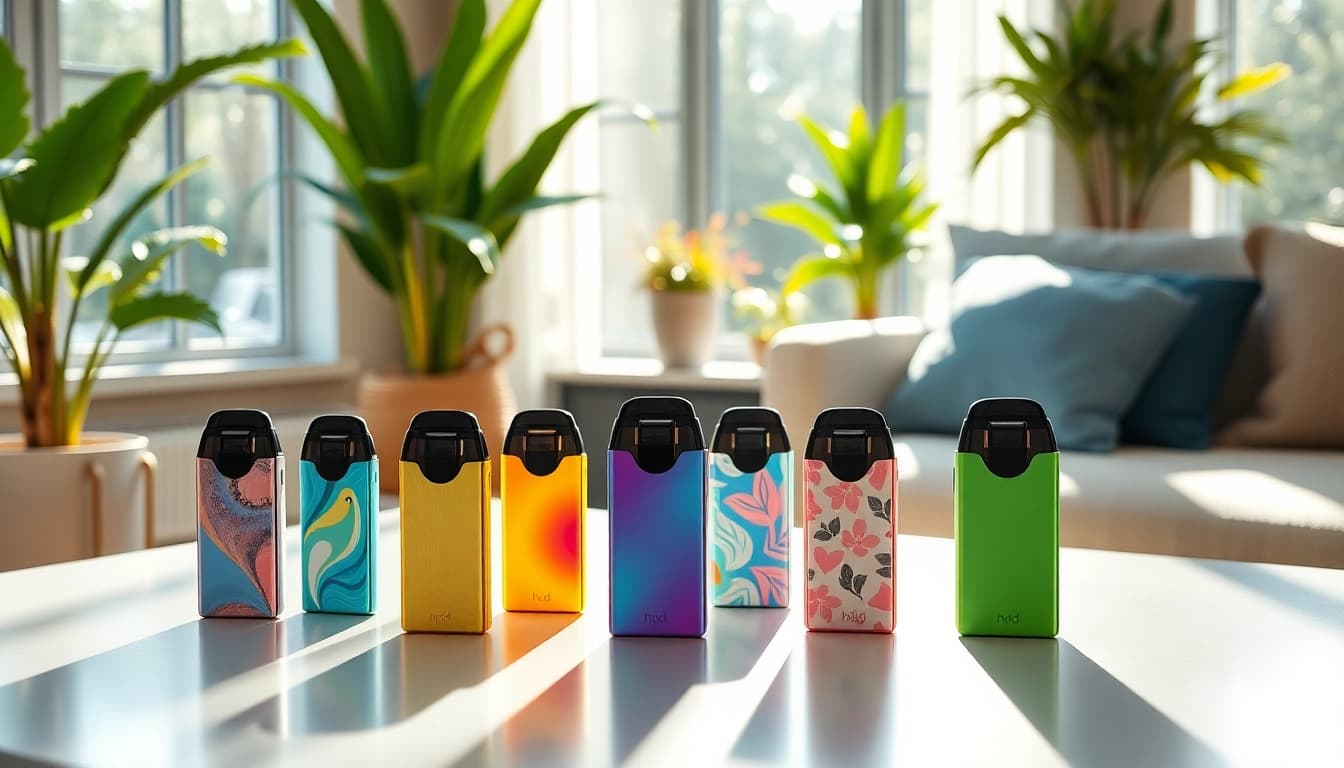 Erleben Sie die Vielfalt der hqd pods mit bunten Designs auf einem modernen Tisch, umgeben von elegantem Ambiente.