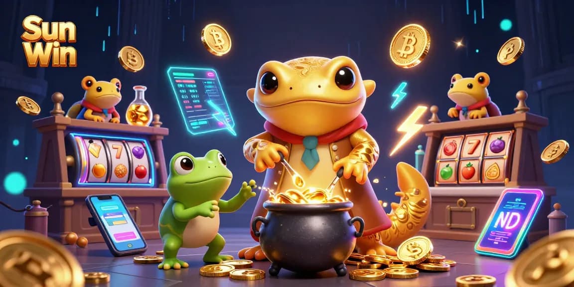 Experience the excitement of Sun Win with a vibrant 3D cartoon casino scene full of gold coins and jackpot symbols.