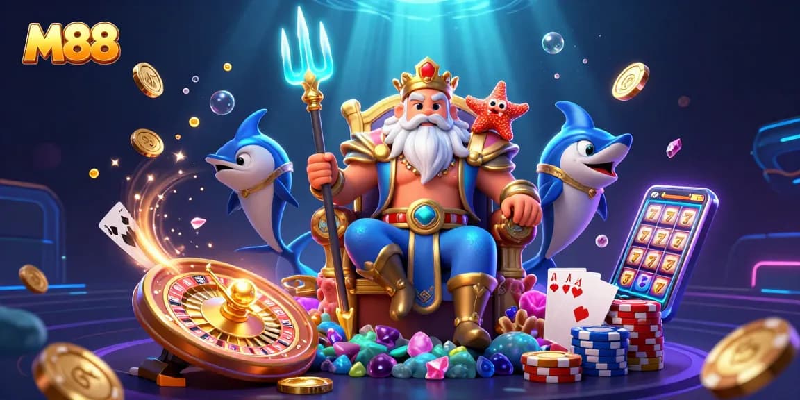 M88 creates a vibrant casino atmosphere with Neptune and treasures showcasing excitement.