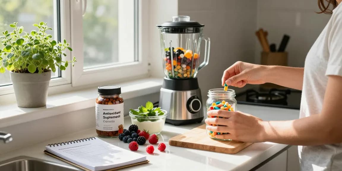 Healthy individual preparing an antioxidant supplement Canada smoothie in a bright kitchen.