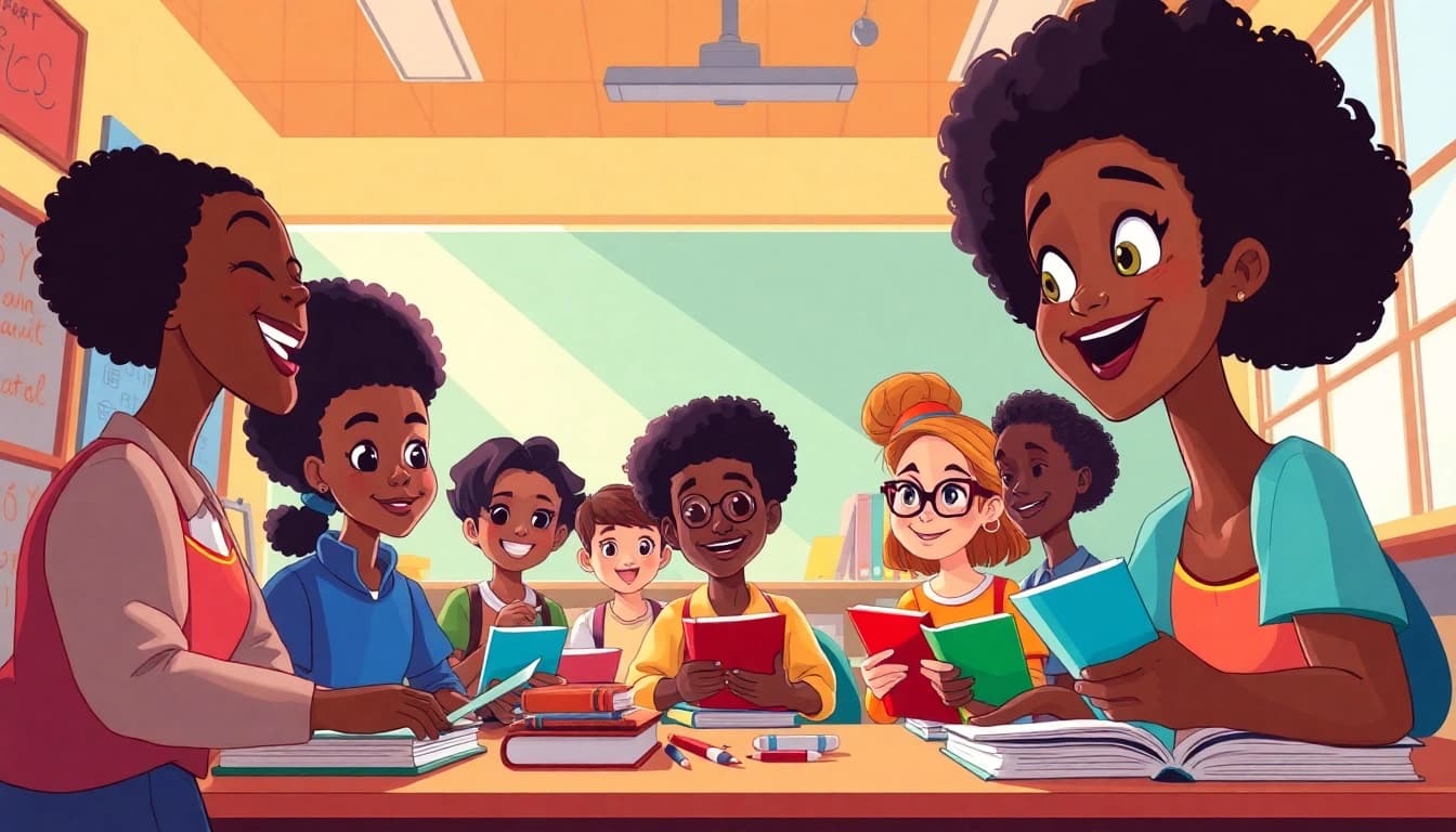 A colorful scene featuring characters from African American Cartoons engaging in creative learning activities.