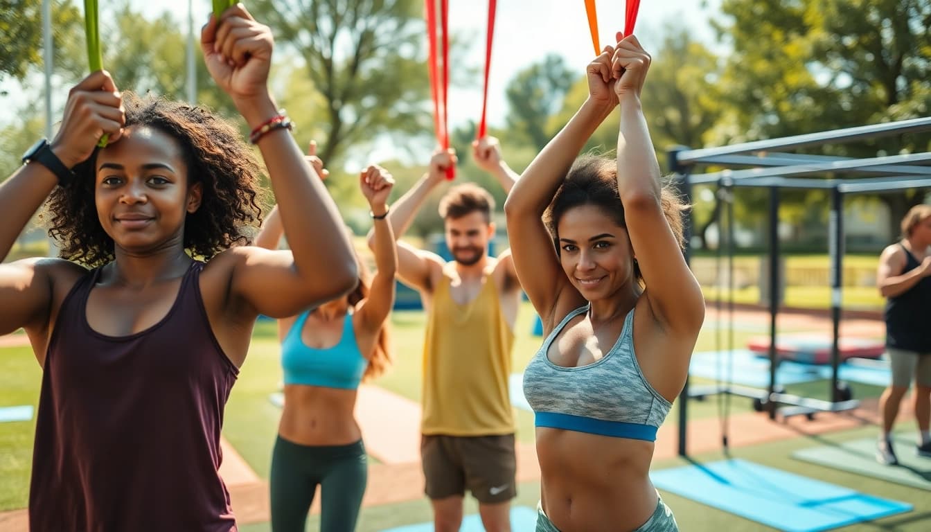 Dynamic outdoor workout with stretch bands for pull-ups showcasing diverse athletes in action.