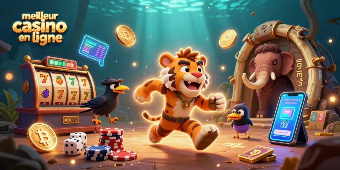 Jouer au meilleur casino en ligne avec le duo de cavemen et leur tigre à dents de sabre, entouré de jetons de poker et de crypto.