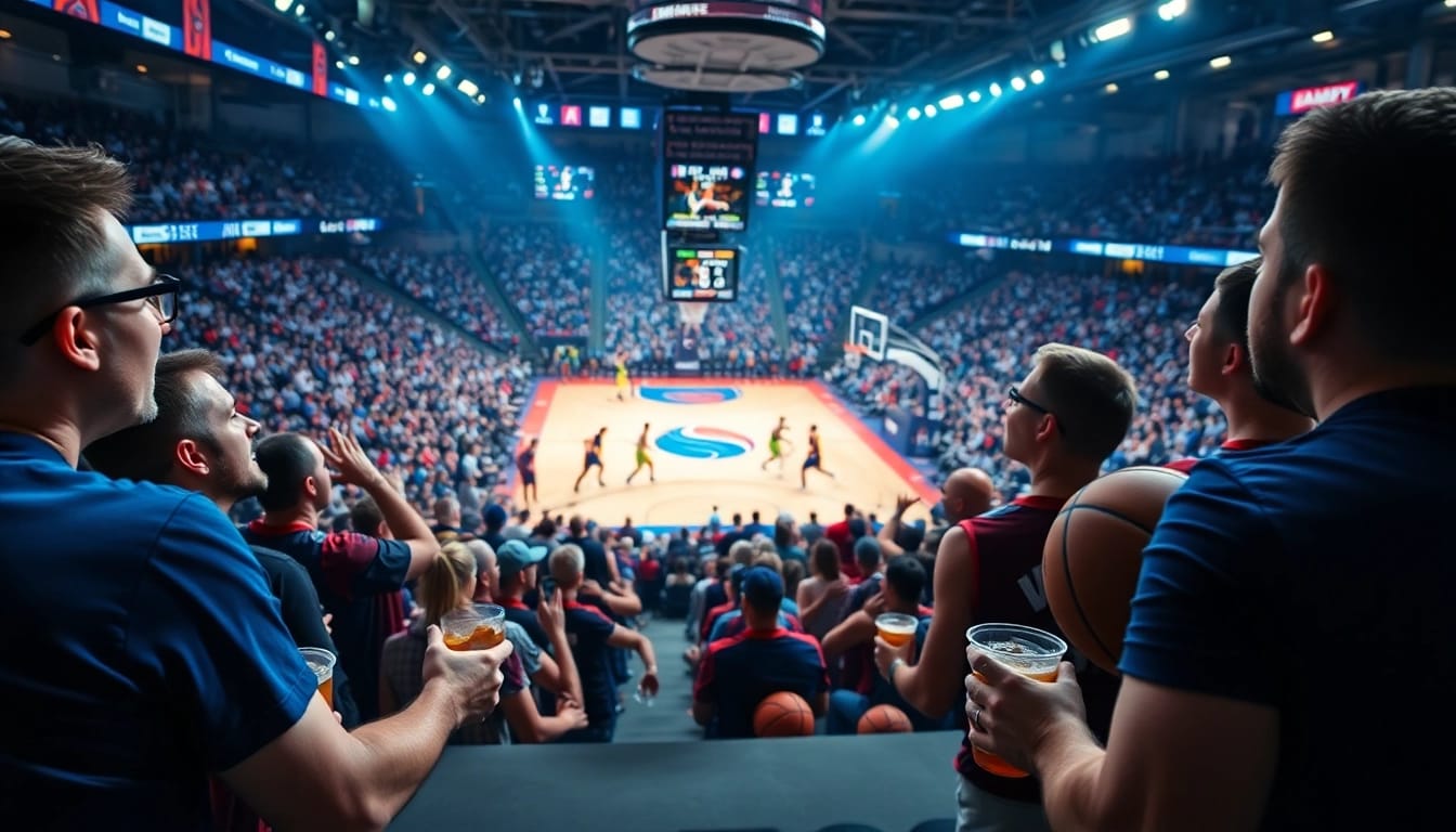 nba중계의 열띤 경기를 응원하는 팬들과 햇빛이 비치는 농구 코트