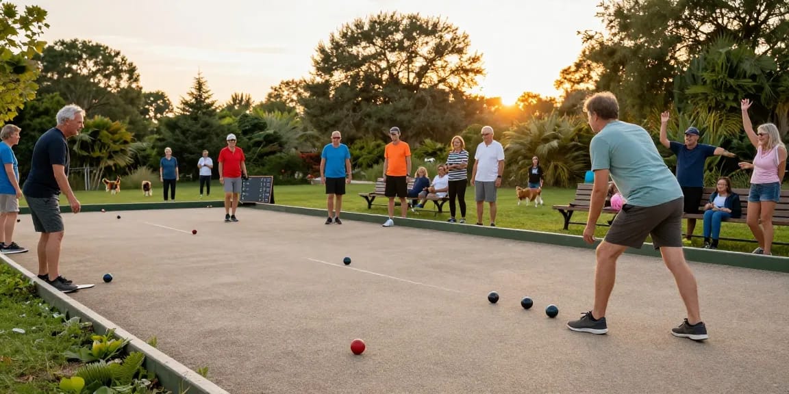 Komunitas olahraga di fopikotatarakan.org sedang bermain petanque di lapangan dengan suasana ceria.