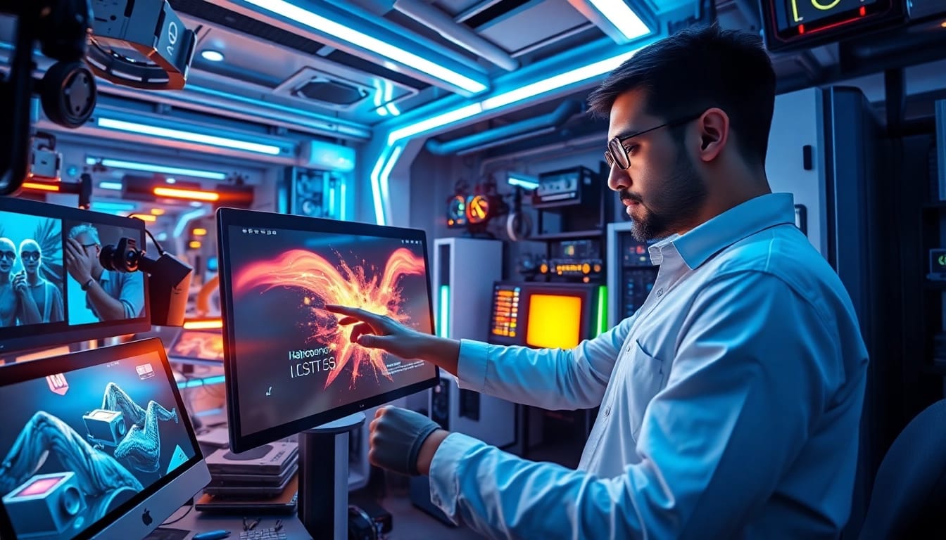 Nano Banana 2 AI in a vibrant digital art studio generating stunning visuals, showcasing advanced technology.