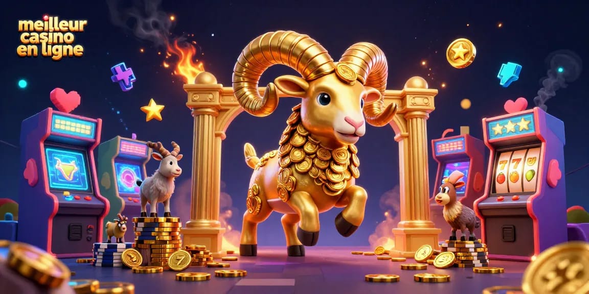 Illustration d'un meilleur casino en ligne avec un bélier doré, machines à sous colorées et ambiance festive.