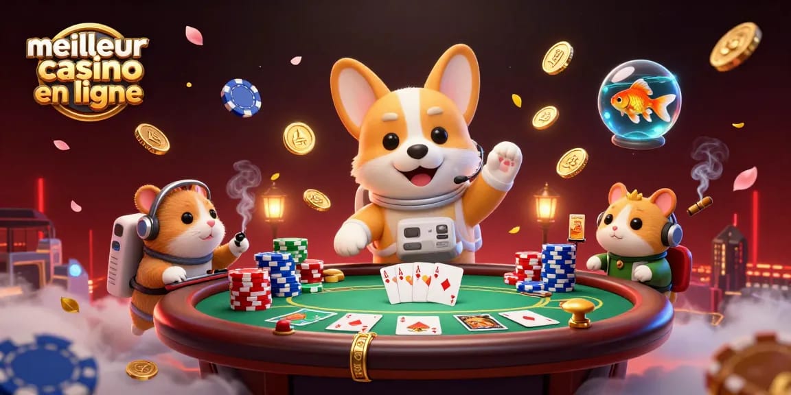 Plongez dans l'univers du meilleur casino en ligne avec un corgi astronaute et des jetons de poker flottants.