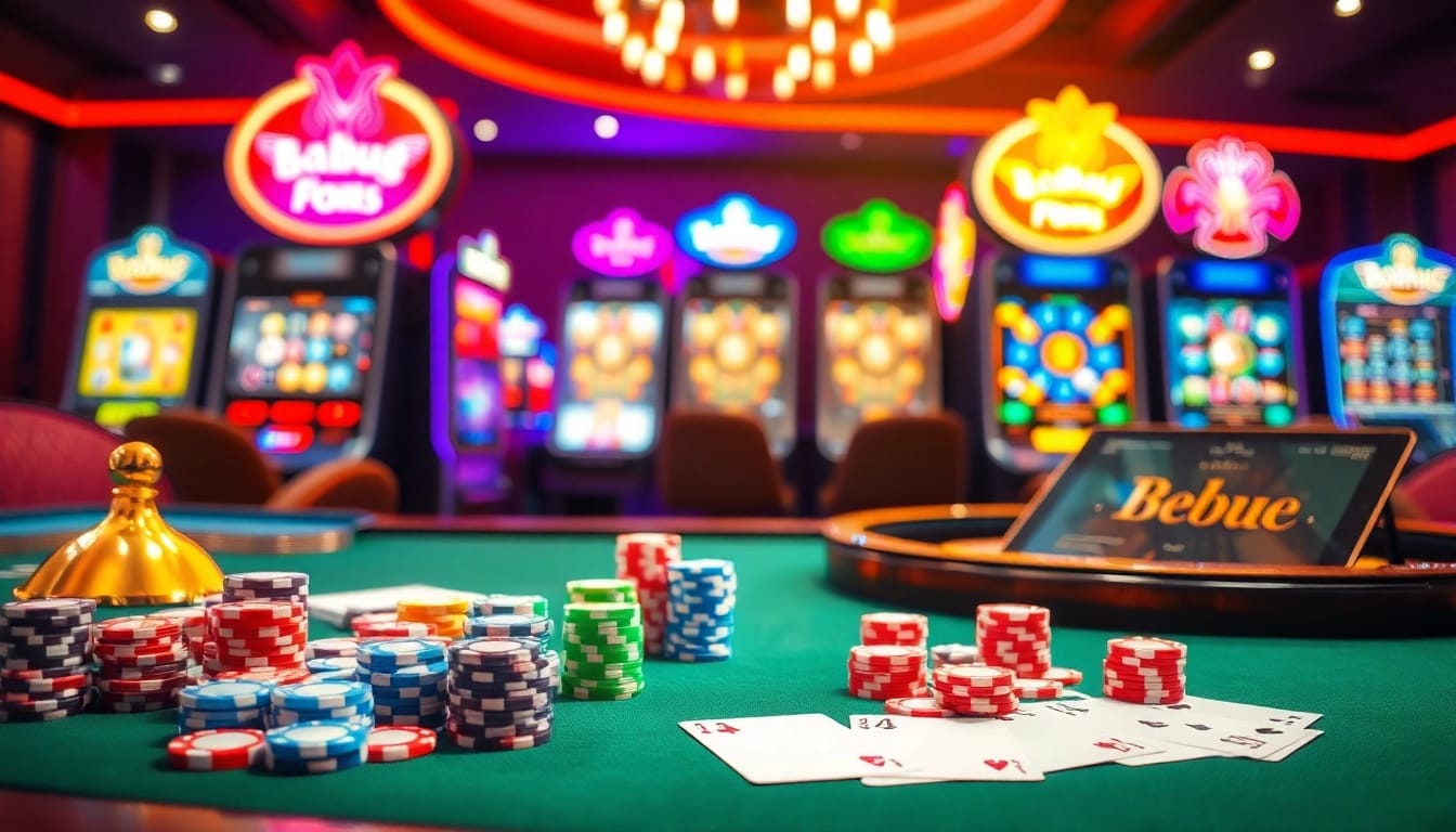Play poker with vibrant chips at Babu88's casino table featuring thrilling slot machines.