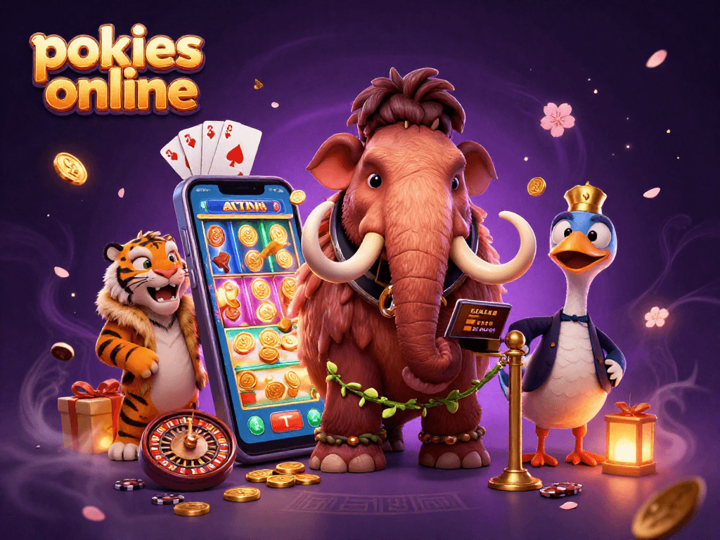 Engage with exciting pokies online in this vibrant casino scene featuring whimsical characters.