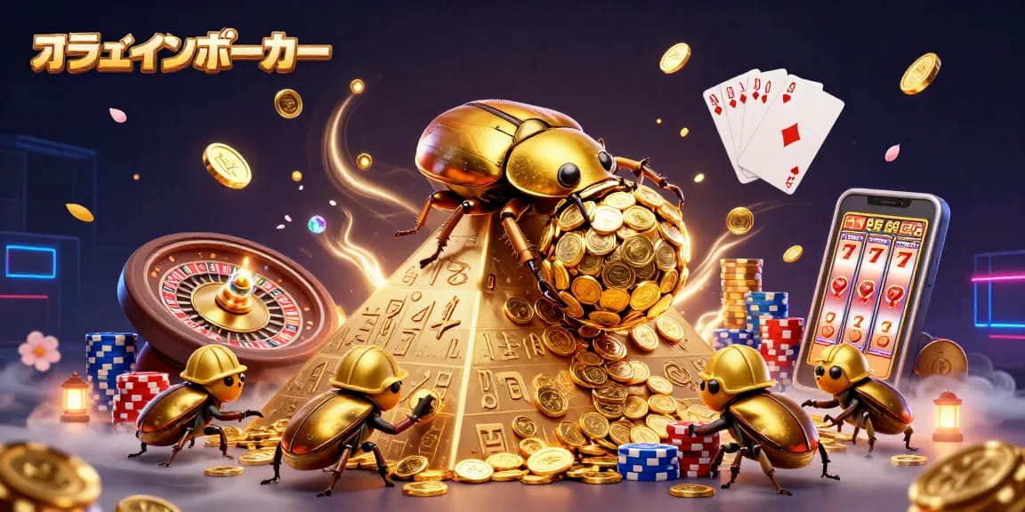 オンラインポーカーのシンボルが描かれたピラミッドで金色のコガネムシがコインの大玉を転がすシーン。