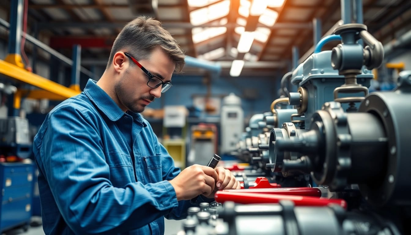 Expert technician providing hydraulic repair services in an industrial workshop, ensuring quality and efficiency.
