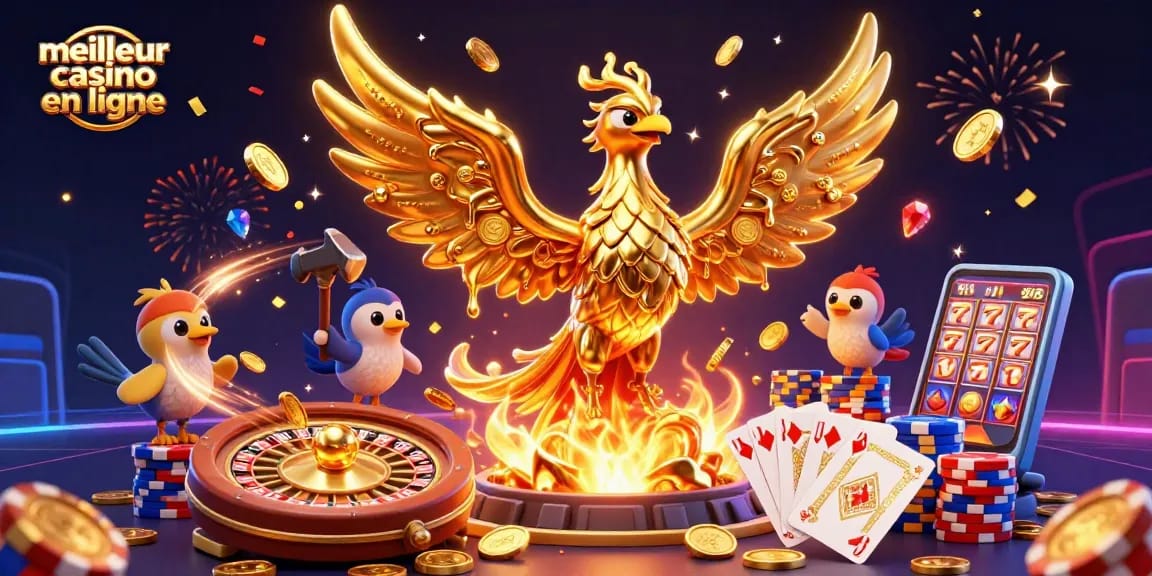 Profitez du meilleur casino en ligne avec cette illustration dynamique de phénix doré et assistants.
