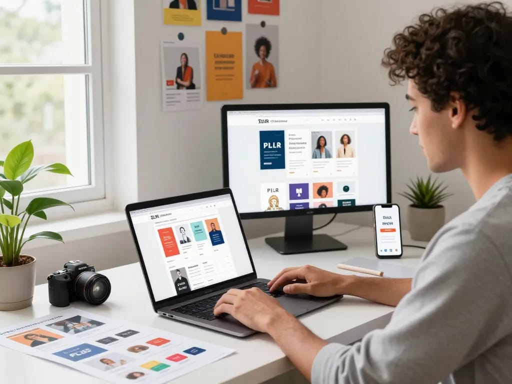 PLR Digital Products for Sale showcased in a vibrant e-commerce workspace with entrepreneur, product samples, and active online store interface.