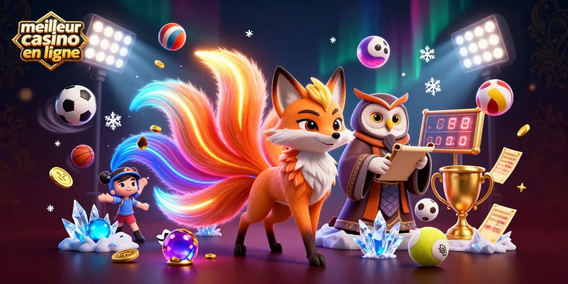 Jouez au meilleur casino en ligne avec des éléments colorés et engageants comme des ballons de sport et un trophée, créant une atmosphère dynamique