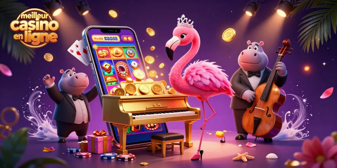 Illustration dynamique du meilleur casino en ligne avec des personnages de casino animés et des jeux de machine à sous colorés.