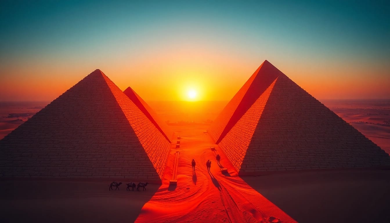 Captivating view of piraminds in a sunset landscape, highlighting their grandeur and intricate textures.
