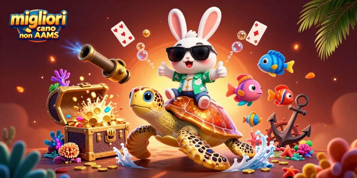 Scopri i migliori casino non AAMS in un'illustrazione vibrante con un coniglio fortunato e una tartaruga d'oro.