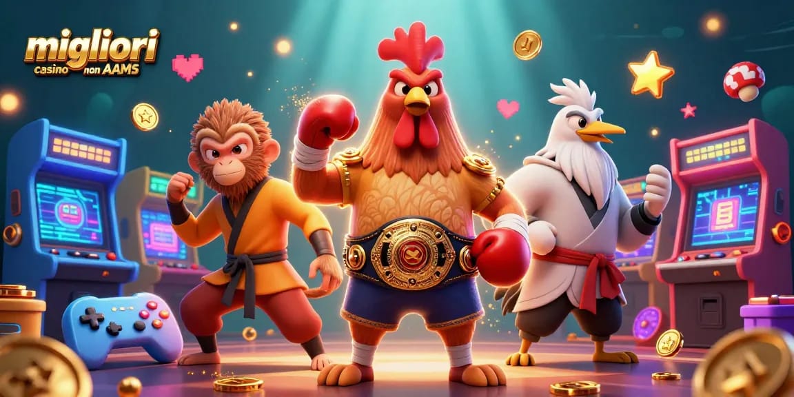 Esplora i migliori casino non AAMS con scene vibranti di giochi e personaggi unici in un ambiente dinamico